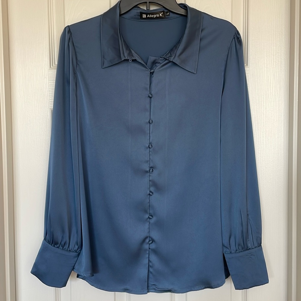 Allegra K Women's Satin Blue Button Down Blouse